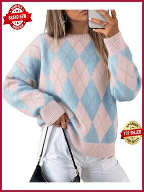 Oversized Argyle Plaid Knit Pullover Sweater Long Sleeve Casual